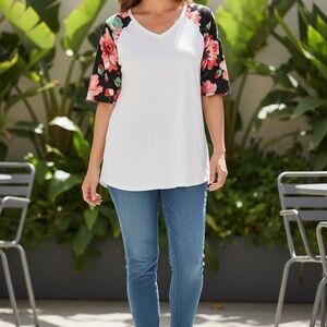 1 clique V-Neck Raglan Top with Coral Floral Print Sleeves